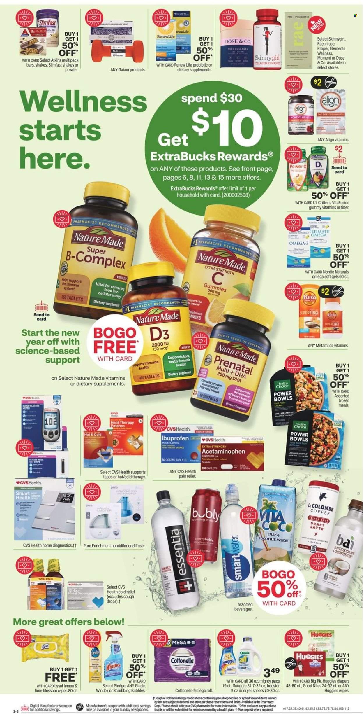 thumbnail - CVS Pharmacy Flyer - 01/02/2022 - 01/08/2022 - Sales products - Slimfast, shake, coconut water, Bai, Smartwater, coffee, wipes, Huggies, nappies, Cottonelle, Windex, Scrubbing Bubbles, Lysol, Pledge, Snuggle, dryer sheets, diffuser, Glade, Prenatal, Nature Made, Vitafusion, Ibuprofen, Omega-3, vitamin D3, cough drops, Metamucil, dietary supplement. Page 3.
