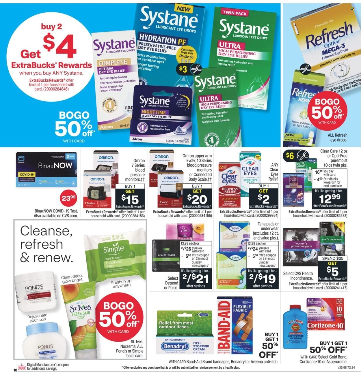 thumbnail - CVS Pharmacy Flyer - 01/02/2022 - 01/08/2022 - Sales products - Omron, scale, cleansing wipes, wipes, Aveeno, ointment, Rejuvenate, POND'S, Tena Lady, lubricant, Select Gold, pressure monitor, Clear Care, Systane, Aspercreme, eye drops. Page 10.