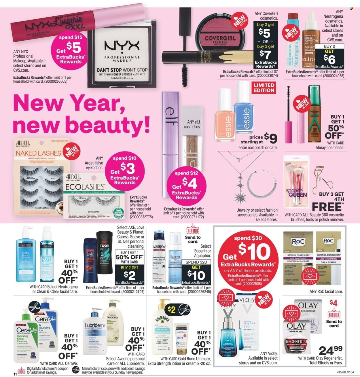 thumbnail - CVS Pharmacy Flyer - 01/02/2022 - 01/08/2022 - Sales products - Boost, Aquaphor, Aveeno, Suave, Vichy, Almay, CeraVe, cleanser, Neutrogena, serum, Olay, NYX Cosmetics, Clean & Clear, body lotion, Eucerin, Lubriderm, eyelashes, Elf, makeup, face powder. Page 11.