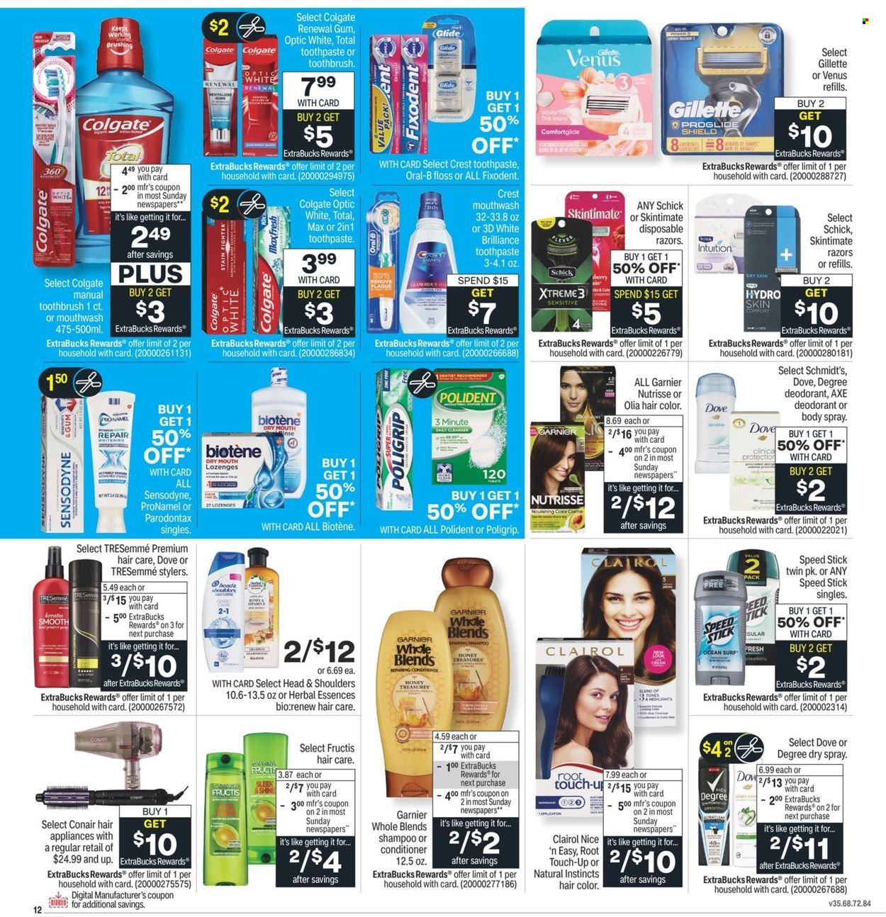 thumbnail - CVS Pharmacy Flyer - 01/02/2022 - 01/08/2022 - Sales products - Dove, shampoo, Biotene, Colgate, toothbrush, Oral-B, toothpaste, Sensodyne, mouthwash, Fixodent, Polident, Crest, Garnier, Root Touch-Up, Clairol, conditioner, TRESemmé, Head & Shoulders, hair color, Herbal Essences, Fructis, body spray, anti-perspirant, Speed Stick, deodorant, Gillette, Schick, Venus. Page 12.