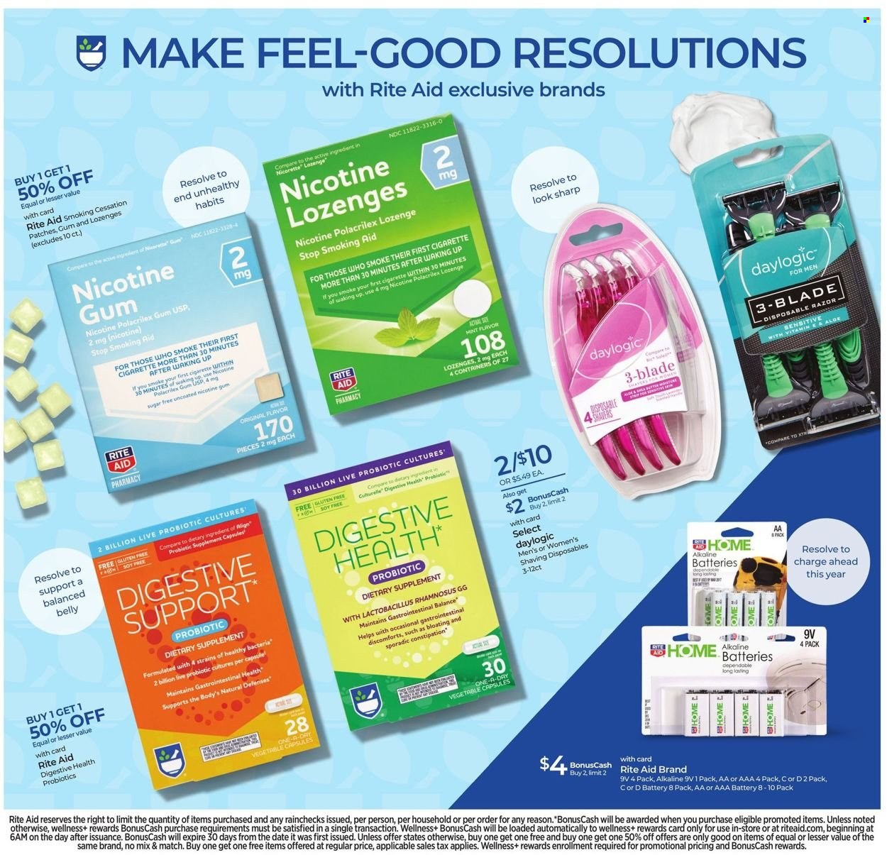 thumbnail - RITE AID Flyer - 01/02/2022 - 01/08/2022 - Sales products - Daylogic, razor, cap, nicotine therapy, probiotics, dietary supplement. Page 3.
