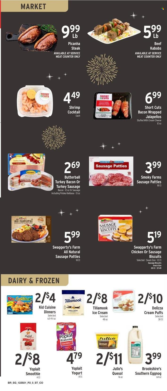 thumbnail - Brookshires Flyer - 12/29/2021 - 01/04/2022 - Sales products - puffs, cream puffs, shrimps, bacon, Butterball, turkey bacon, sausage, kielbasa, cheese, yoghurt, Yoplait, ice cream, snack, biscuit, smoothie, eggnog, beef meat, beef steak, steak, cap of rump. Page 2.