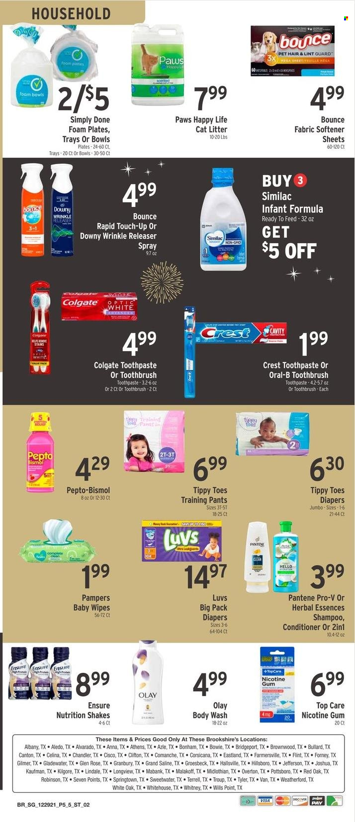 thumbnail - Brookshires Flyer - 12/29/2021 - 01/04/2022 - Sales products - shake, wine, rosé wine, Similac, wipes, Pampers, pants, baby wipes, nappies, baby pants, fabric softener, Bounce, body wash, shampoo, Colgate, toothbrush, Oral-B, toothpaste, Crest, Olay, conditioner, Pantene, Herbal Essences, plate, foam plates, cat litter, Paws, nicotine therapy, Pepto-bismol. Page 5.