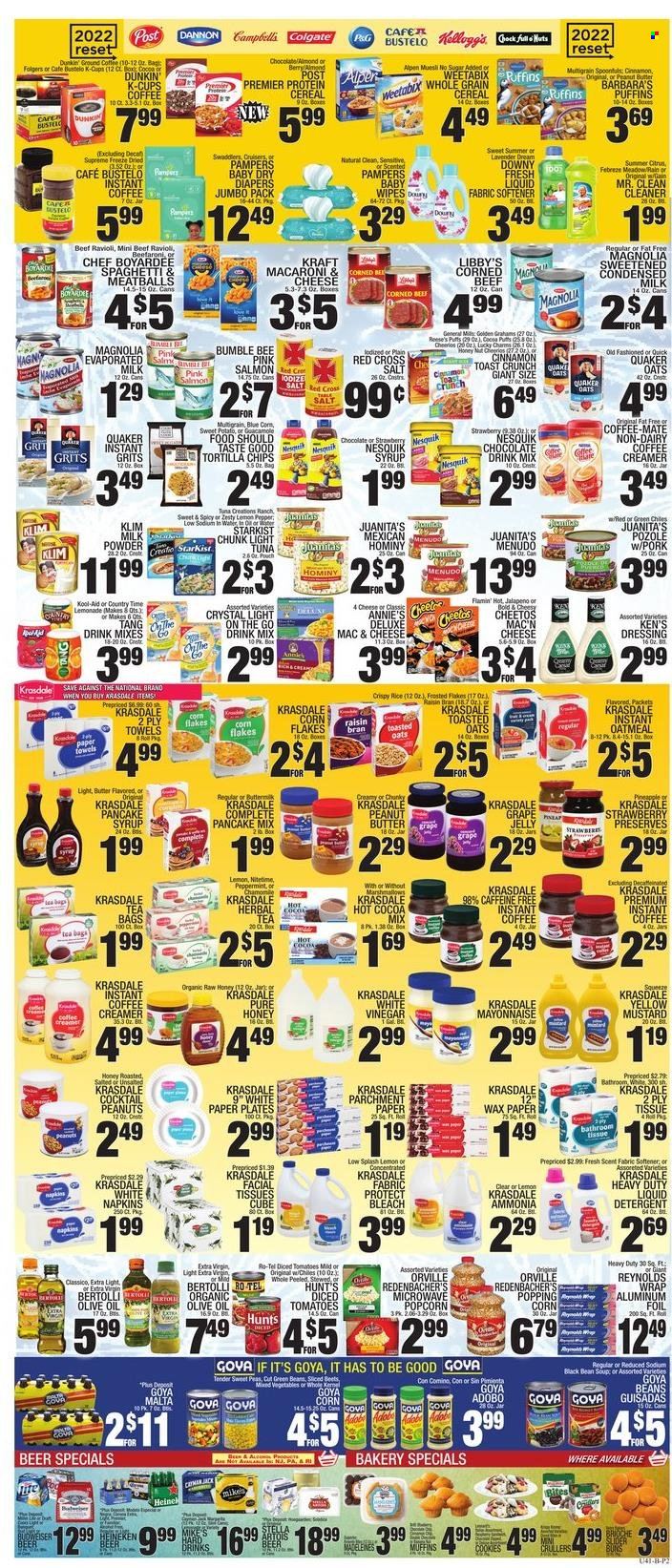 thumbnail - C-Town Flyer - 12/31/2021 - 01/06/2022 - Sales products - tomatoes, salmon, tuna, StarKist, ravioli, spaghetti, meatballs, soup, Bumble Bee, Quaker, Kraft®, Bertolli, corned beef, Nesquik, Dannon, Coffee-Mate, evaporated milk, condensed milk, milk powder, butter, creamer, mayonnaise, Reese's, chocolate, jelly, tortilla chips, Cheetos, chips, popcorn, oatmeal, grits, Goya, Chef Boyardee, cereals, Cheerios, corn flakes, muesli, Weetabix, Raisin Bran, toasted oats, cinnamon, adobo sauce, mustard, dressing, Classico, olive oil, honey, pancake syrup, syrup, peanuts, lemonade, Country Time, chocolate drink, hot cocoa, tea, herbal tea, instant coffee, Folgers, coffee capsules, K-Cups, beer, Heineken, beef meat. Page 2.