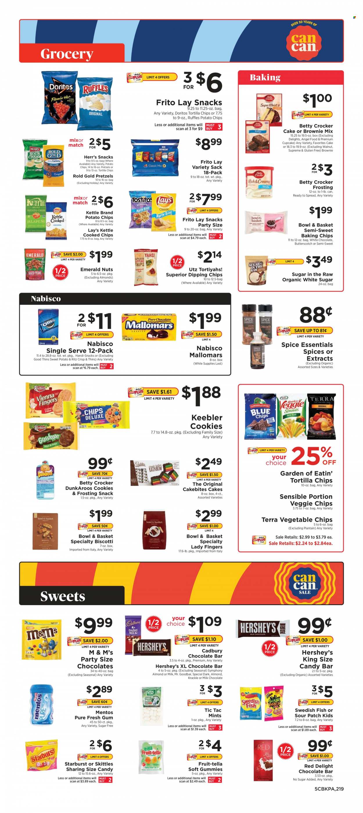 thumbnail - ShopRite Flyer - 01/02/2022 - 01/08/2022 - Sales products - pretzels, cake, Bowl & Basket, cupcake, Angel Food, brownie mix, Hershey's, biscotti, butterscotch, cookies, lady fingers, milk chocolate, snack, Mentos, Cadbury, Skittles, Tic Tac, Keebler, Starburst, Sour Patch, RITZ, chocolate bar, Doritos, tortilla chips, potato chips, Lay’s, Thins, vegetable chips, frosting, baking chips, spice, almonds. Page 5.