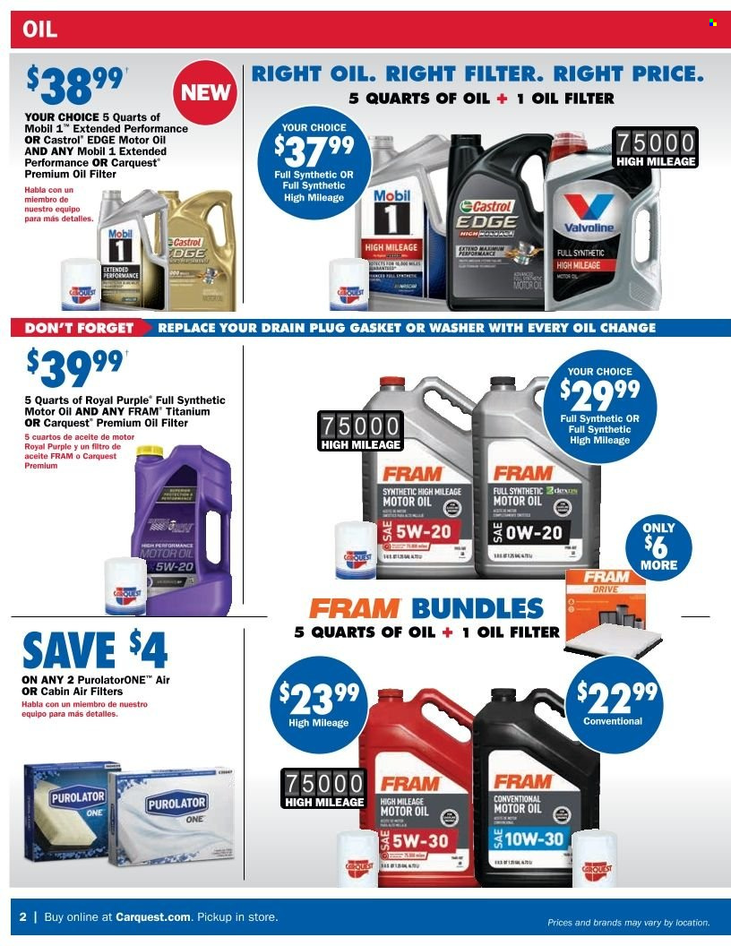 thumbnail - Carquest Flyer - 12/30/2021 - 02/16/2022 - Sales products - air filter, oil filter, cabin filter, Mobil, motor oil, Valvoline, Castrol. Page 2.