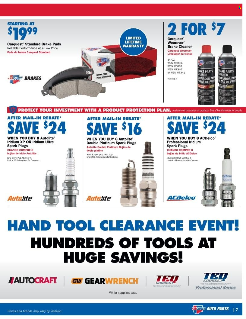 thumbnail - Carquest Flyer - 12/30/2021 - 02/16/2022 - Sales products - spark plugs, brake pad, brake cleaner, cleaner. Page 7.