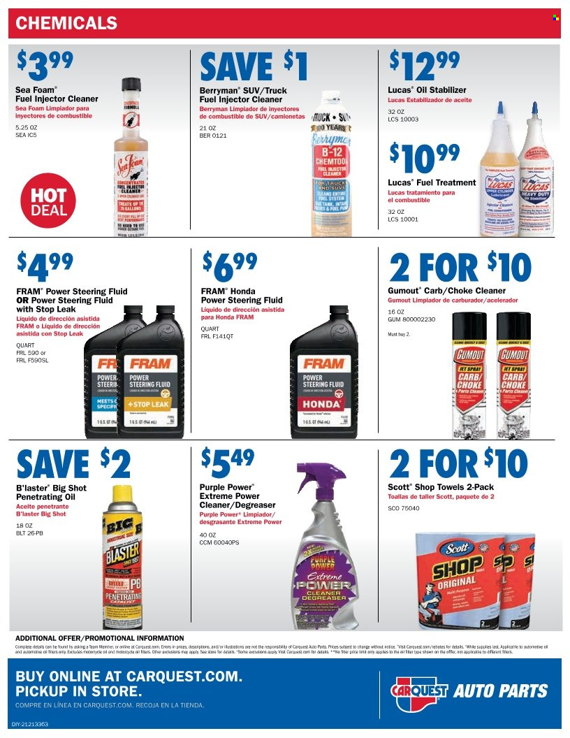 thumbnail - Carquest Flyer - 12/30/2021 - 02/16/2022 - Sales products - Lucas, injector cleaner, cleaner, degreaser, fuel supplement, steering fluid, Gumout, B'laster. Page 8.