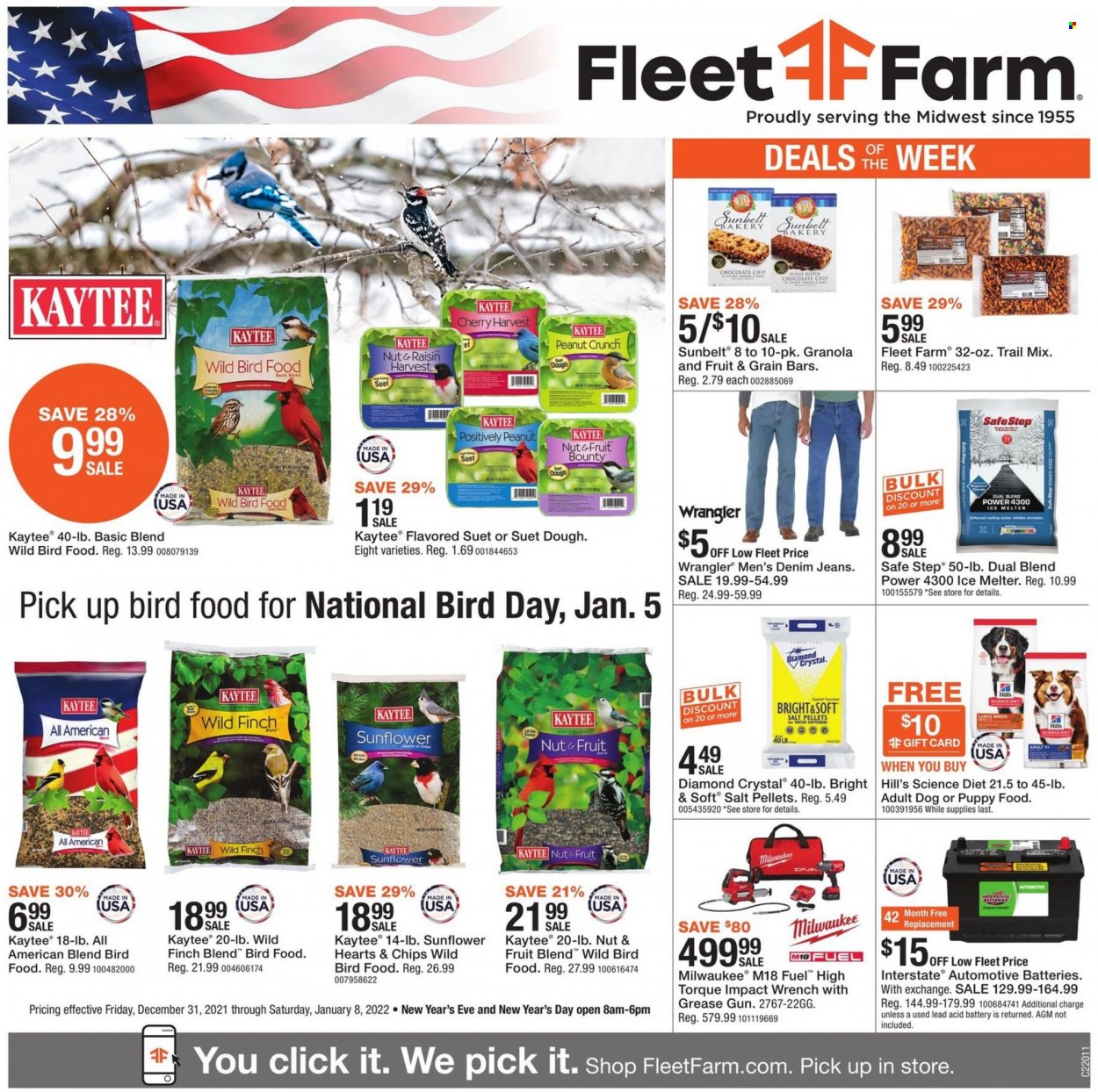 thumbnail - Fleet Farm Flyer - 12/31/2021 - 01/08/2022 - Sales products - Bounty, chips, granola, trail mix, Kaytee, animal food, bird food, Science Diet, suet, Hill's, jeans, Denim, gun, Milwaukee, wrench, sunflower, ice melter. Page 1.