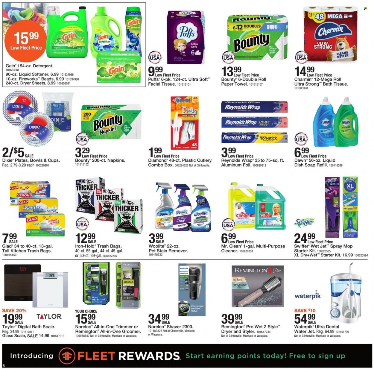 thumbnail - Fleet Farm Flyer - 12/31/2021 - 01/08/2022 - Sales products - LG, puffs, Bounty, napkins, bath tissue, paper towels, Charmin, detergent, Febreze, Gain, cleaner, stain remover, Clorox, Woolite, Swiffer, fabric softener, dryer sheets, Jet, soap, dental water, shaver, trash bags, trimmer, knife, mop, WetJet, Dixie, spoon, plate, cup, disposable cutlery, scale, aluminium foil, Philips, Remington. Page 8.