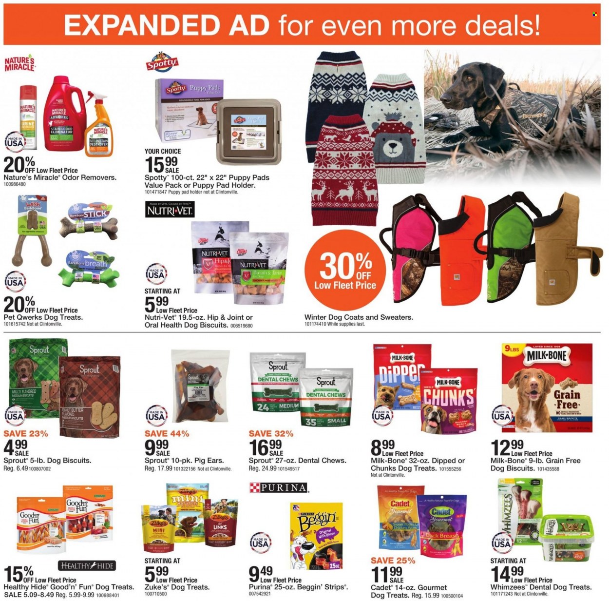 thumbnail - Fleet Farm Flyer - 12/31/2021 - 01/08/2022 - Sales products - wraps, chewing gum, odor eliminator, holder, dental chews, puppy pads, animal treats, dog food, Purina, dog biscuits, pig ears, Whimzees, Beggin', coat. Page 17.
