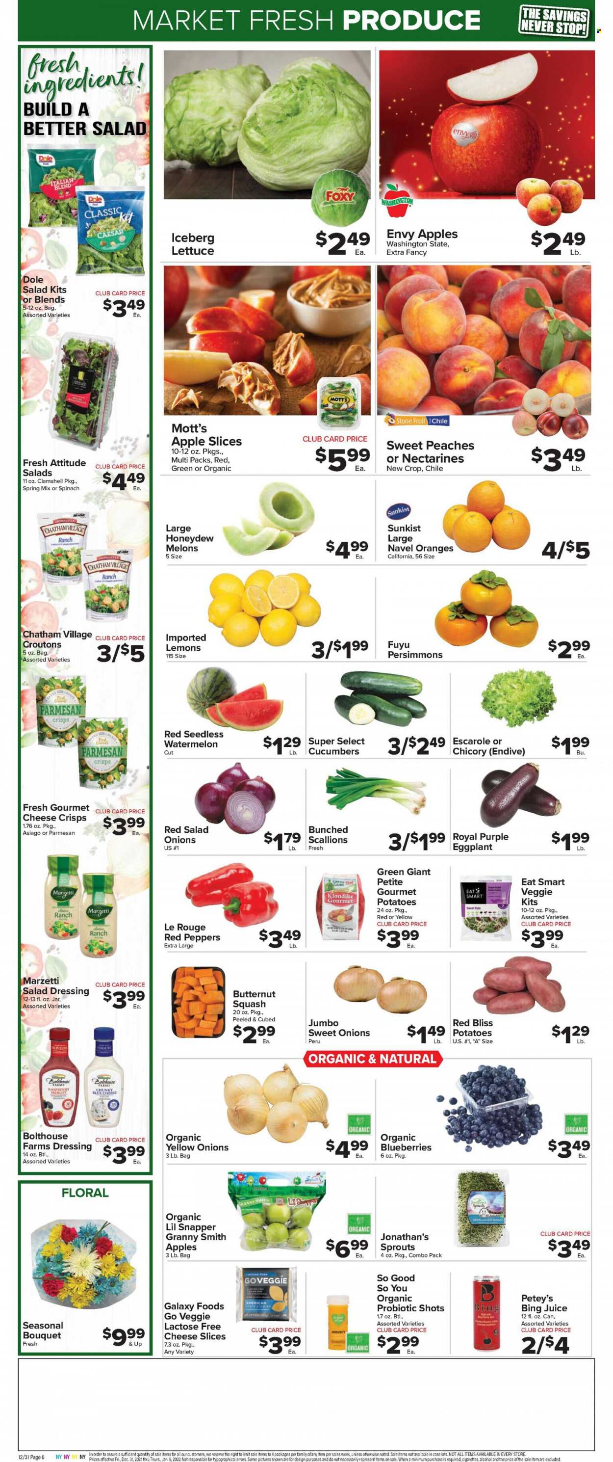 thumbnail - Foodtown Flyer - 12/31/2021 - 01/06/2022 - Sales products - persimmons, cucumber, spinach, kale, potatoes, lettuce, Dole, peppers, eggplant, red peppers, apples, watermelon, honeydew, oranges, Granny Smith, Mott's, asiago, sliced cheese, croutons, salad dressing, dressing, juice, So Good So You, red wine, wine, Merlot, alcohol, bouquet, butternut squash, endive, nectarines, melons, lemons, peaches, navel oranges. Page 8.