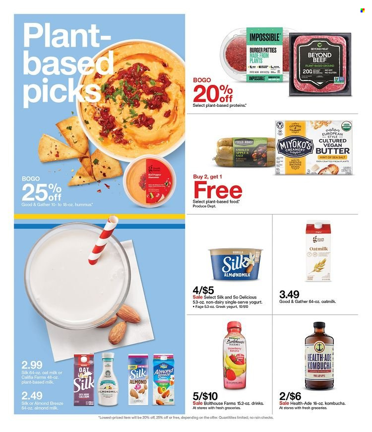 thumbnail - Target Flyer - 01/02/2022 - 01/08/2022 - Sales products - Apple, hamburger, burger patties, hummus, yoghurt, almond milk, milk, Almond Breeze, oat milk, butter, filo dough, oats, sea salt, kombucha, Elf. Page 2.