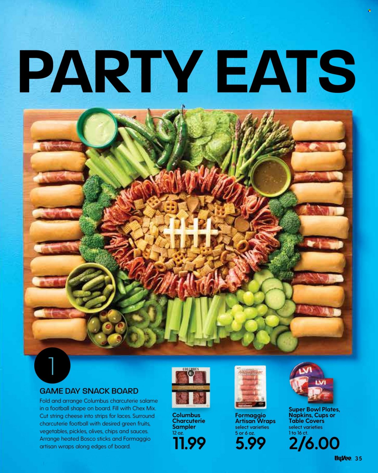 thumbnail - Hy-Vee Flyer - 01/01/2022 - 01/31/2022 - Sales products - wraps, string cheese, cheese, strips, snack, chips, Chex Mix, olives, napkins, plate, cup, bowl. Page 37.