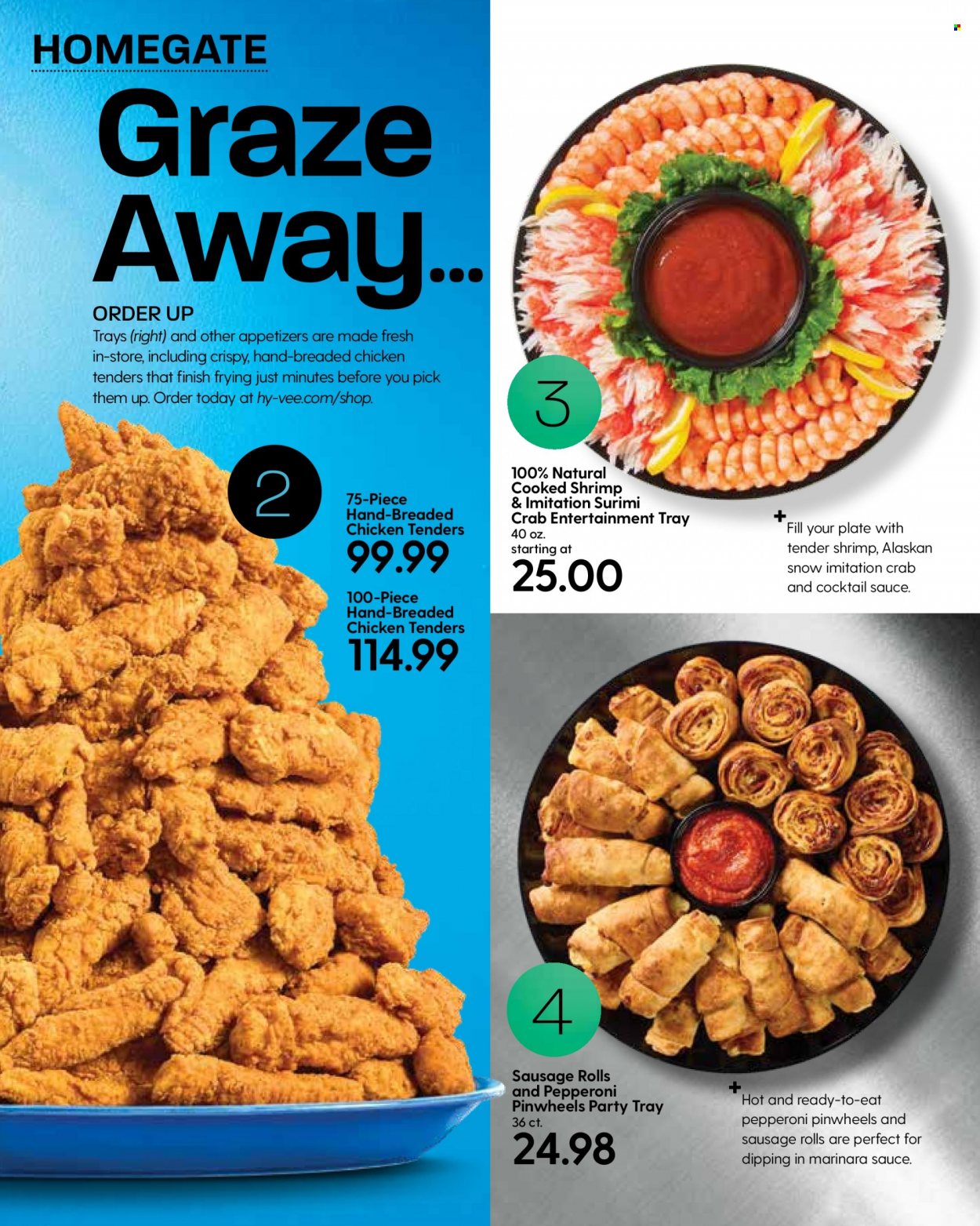 thumbnail - Hy-Vee Flyer - 01/01/2022 - 01/31/2022 - Sales products - sausage rolls, crab, shrimps, fried chicken, sausage, pepperoni, cocktail sauce, Graze, plate. Page 38.