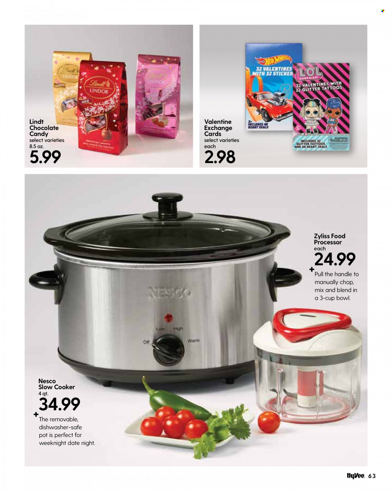 thumbnail - Hy-Vee Flyer - 01/01/2022 - 01/31/2022 - Sales products - Lindt, Lindor, chocolate candies, pot, cup, bowl, glitter, sticker, slow cooker, food processor. Page 65.