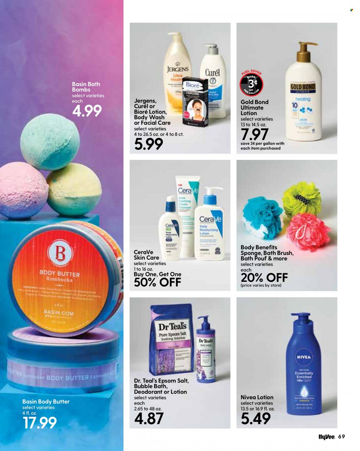 thumbnail - Hy-Vee Flyer - 01/01/2022 - 01/31/2022 - Sales products - Nivea, body wash, bubble bath, bath bomb, CeraVe, Curél, Bioré®, body butter, body lotion, Jergens, anti-perspirant, deodorant, brush, sponge. Page 71.