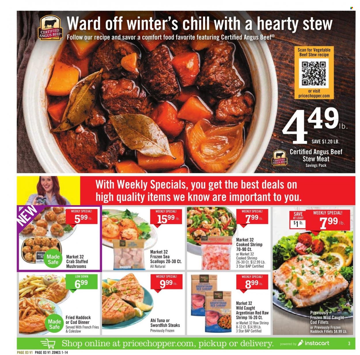 thumbnail - Price Chopper Flyer - 01/02/2022 - 01/08/2022 - Sales products - stew meat, cod, scallops, swordfish, tuna, haddock, crab, shrimps, coleslaw, potato fries, french fries, beef meat, steak. Page 3.