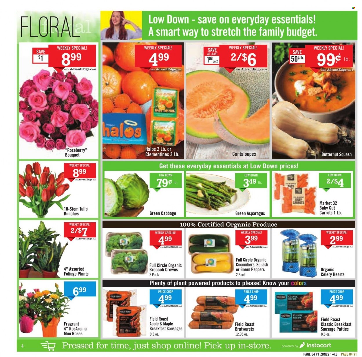 thumbnail - Price Chopper Flyer - 01/02/2022 - 01/08/2022 - Sales products - asparagus, cabbage, cantaloupe, carrots, celery, peppers, sleeved celery, sausage, Plenty, bunches, bouquet, rose, butternut squash, clementines. Page 4.