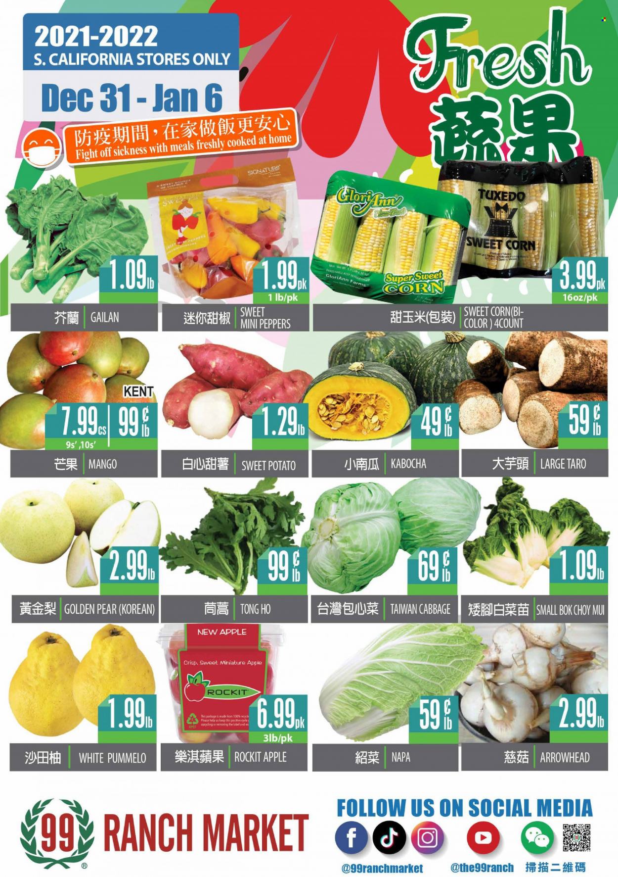 thumbnail - 99 Ranch Market Flyer - 12/31/2021 - 01/06/2022 - Sales products - bok choy, cabbage, corn, sweet potato, pumpkin, peppers, sweet corn, mango, pears. Page 5.
