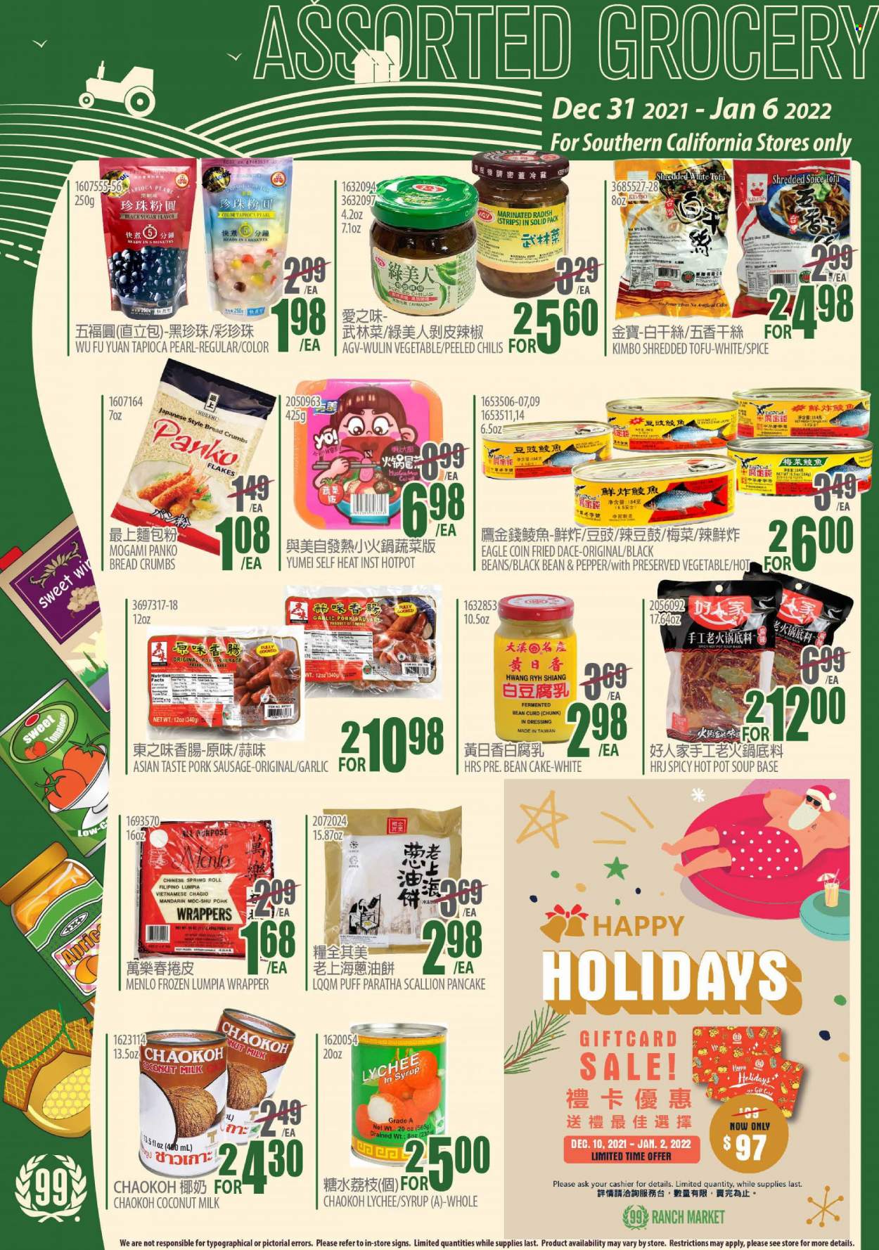 thumbnail - 99 Ranch Market Flyer - 12/31/2021 - 01/06/2022 - Sales products - cake, breadcrumbs, panko breadcrumbs, beans, garlic, radishes, tomatoes, mandarines, pears, soup, pancakes, sausage, pork sausage, curd, tofu, strips, sugar, black beans, coconut milk, lychee, spice, dressing, pot, wrapper. Page 8.