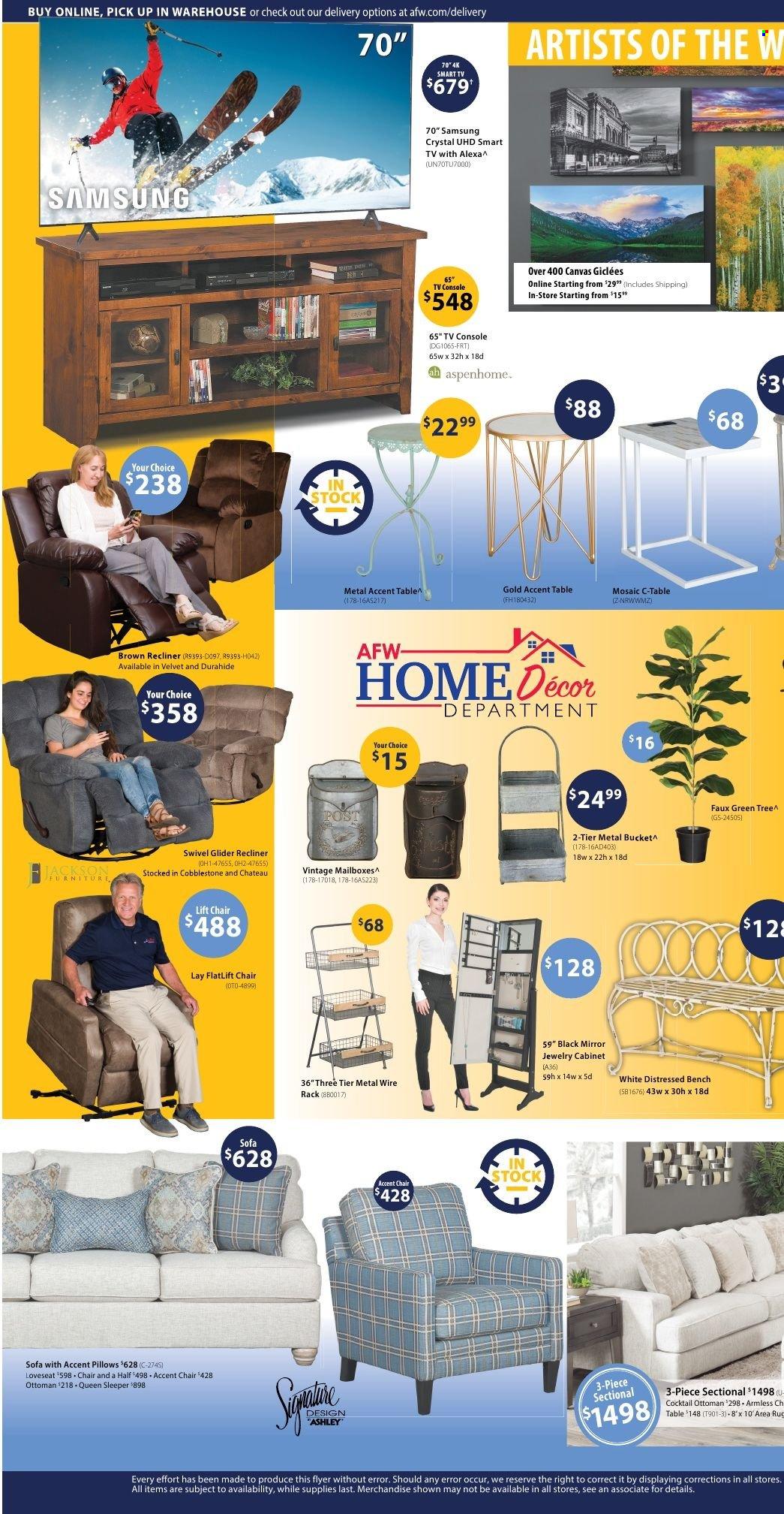 thumbnail - American Furniture Warehouse Flyer - 12/26/2021 - 01/01/2022 - Sales products - cabinet, table, chair, bench, 3-piece sectional, accent chair, loveseat, sofa, recliner chair, lift chair, tv console, c-table, ottoman, mirror, pillow, rug, area rug. Page 2.