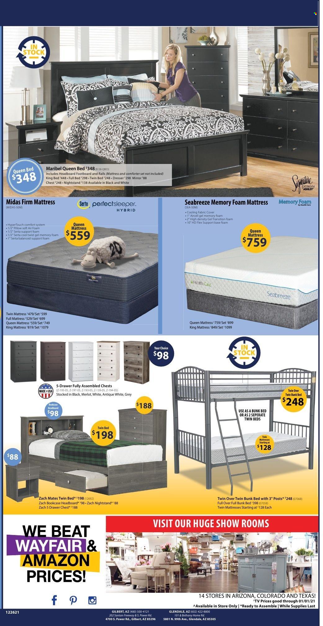thumbnail - American Furniture Warehouse Flyer - 12/26/2021 - 01/01/2022 - Sales products - bookcase, bed, king bed, queen bed, headboard, bunk bed, mattress, foam mattress, dresser, nightstand, mirror, comforter, pillow. Page 4.