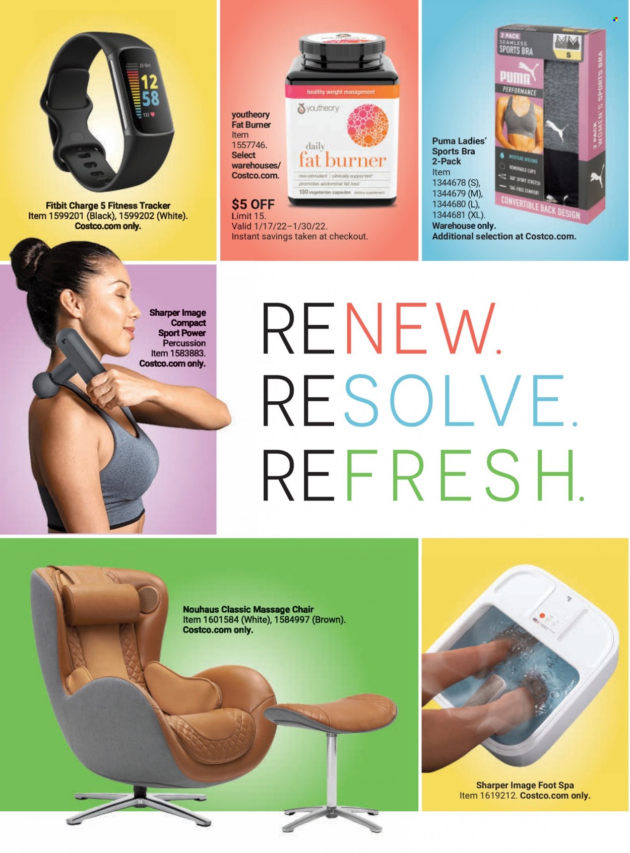 thumbnail - Costco Flyer - 01/01/2022 - 01/31/2022 - Sales products - chair, Puma, percussion instrument, Fitbit, fitness tracker, massage chair, foot spa, bra. Page 13.