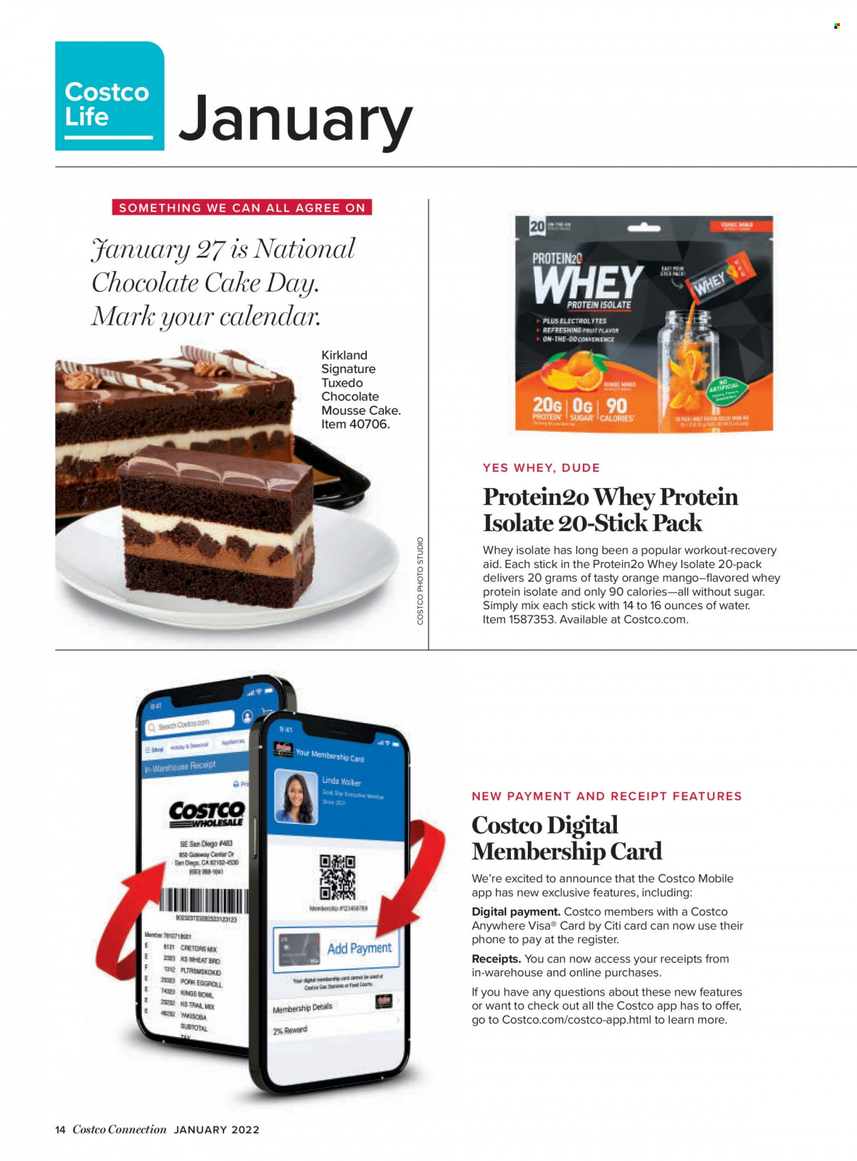 thumbnail - Costco Flyer - 01/01/2022 - 01/31/2022 - Sales products - cake, chocolate cake, mango, oranges, chocolate, sugar, calendar, phone, whey protein. Page 17.