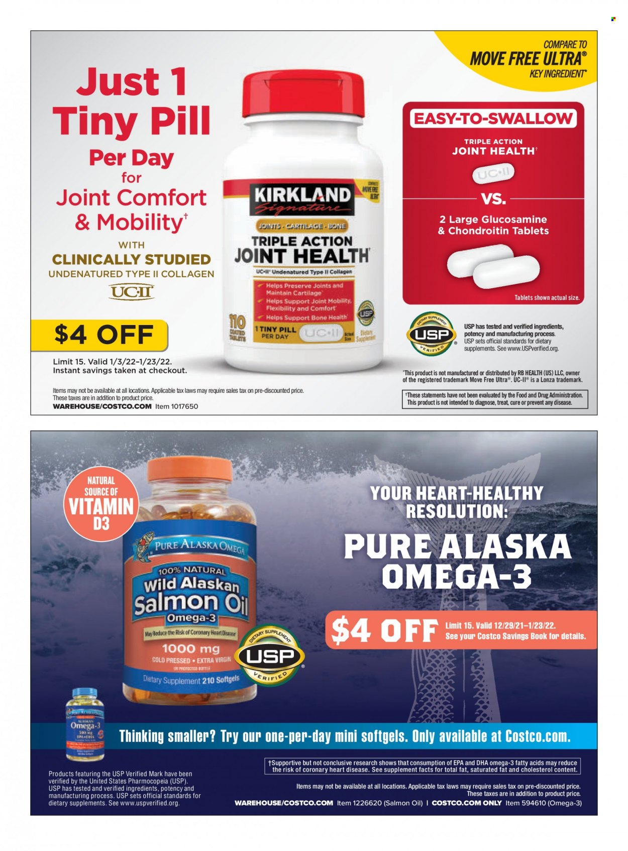 thumbnail - Costco Flyer - 01/01/2022 - 01/31/2022 - Sales products - book, glucosamine, Move Free, Omega-3, vitamin D3, dietary supplement. Page 62.