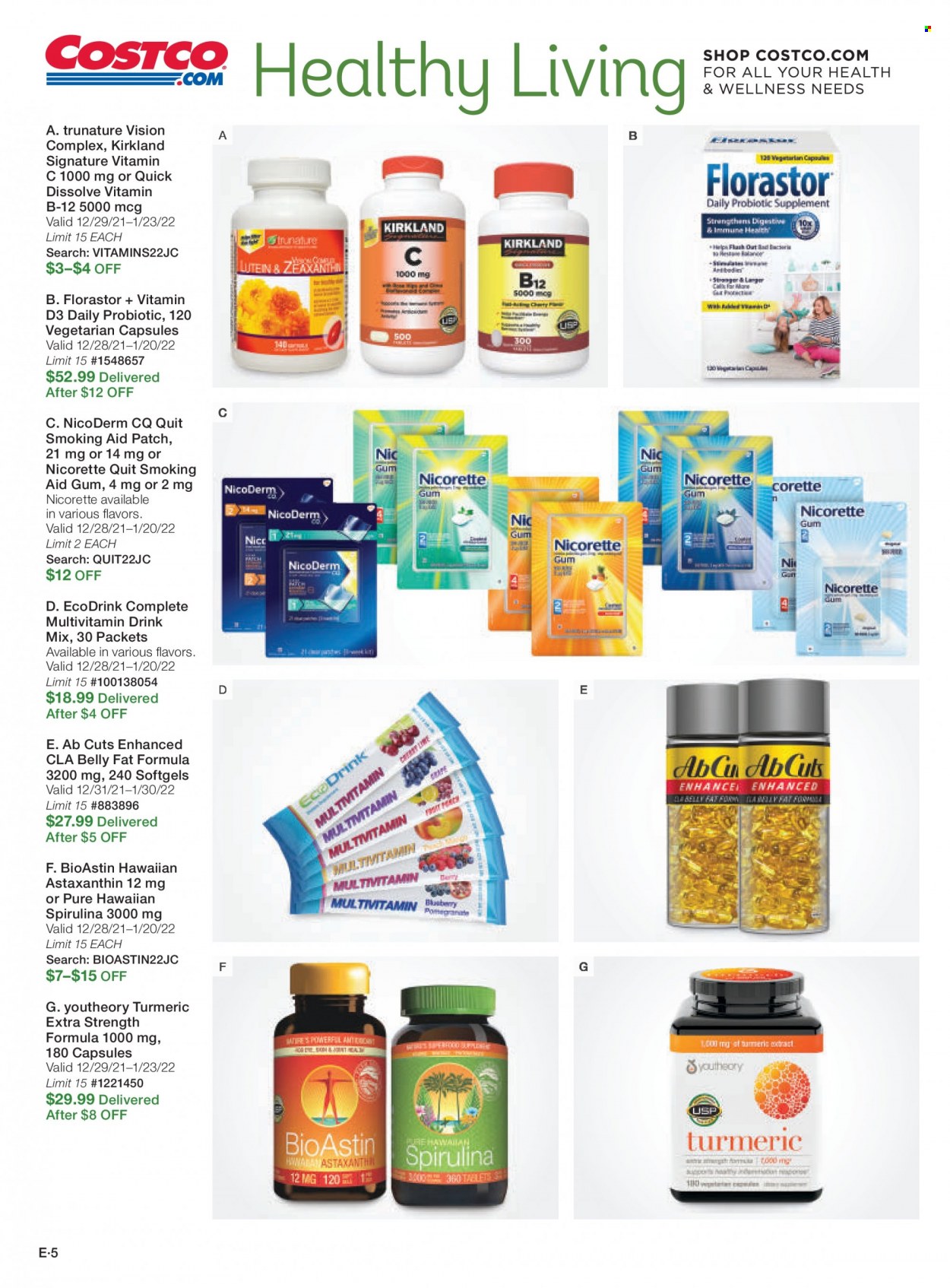 thumbnail - Costco Flyer - 01/01/2022 - 01/31/2022 - Sales products - turmeric, multivitamin, NicoDerm, Nicorette, vitamin c, probiotics, spirulina, vitamin D3. Page 137.