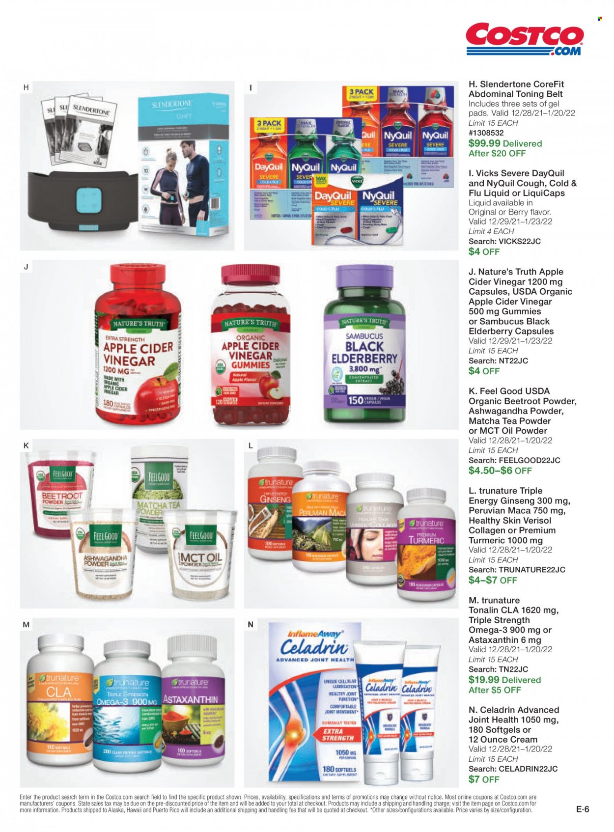 thumbnail - Costco Flyer - 01/01/2022 - 01/31/2022 - Sales products - turmeric, apple cider vinegar, vinegar, matcha, tea, Vicks, belt, DayQuil, Cold & Flu, Nature's Truth, NyQuil, Omega-3, ginseng, beetroot powder. Page 138.