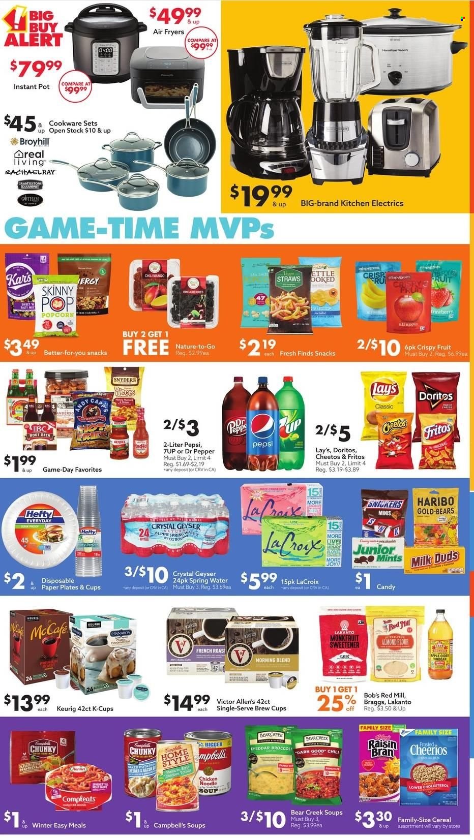 thumbnail - Big Lots Flyer - 01/02/2022 - 01/16/2022 - Sales products - Campbell's, soup, noodles cup, noodles, snack, Milk Duds, Haribo, Snickers, Doritos, Fritos, Cheetos, Lay’s, popcorn, flour, almond flour, sweetener, cereals, Cheerios, Pepsi, Dr. Pepper, 7UP, spring water, coffee capsules, McCafe, K-Cups, Keurig, beer, Joy, Hefty, cookware set, plate, pot, straw, paper plate, Instant Pot. Page 8.