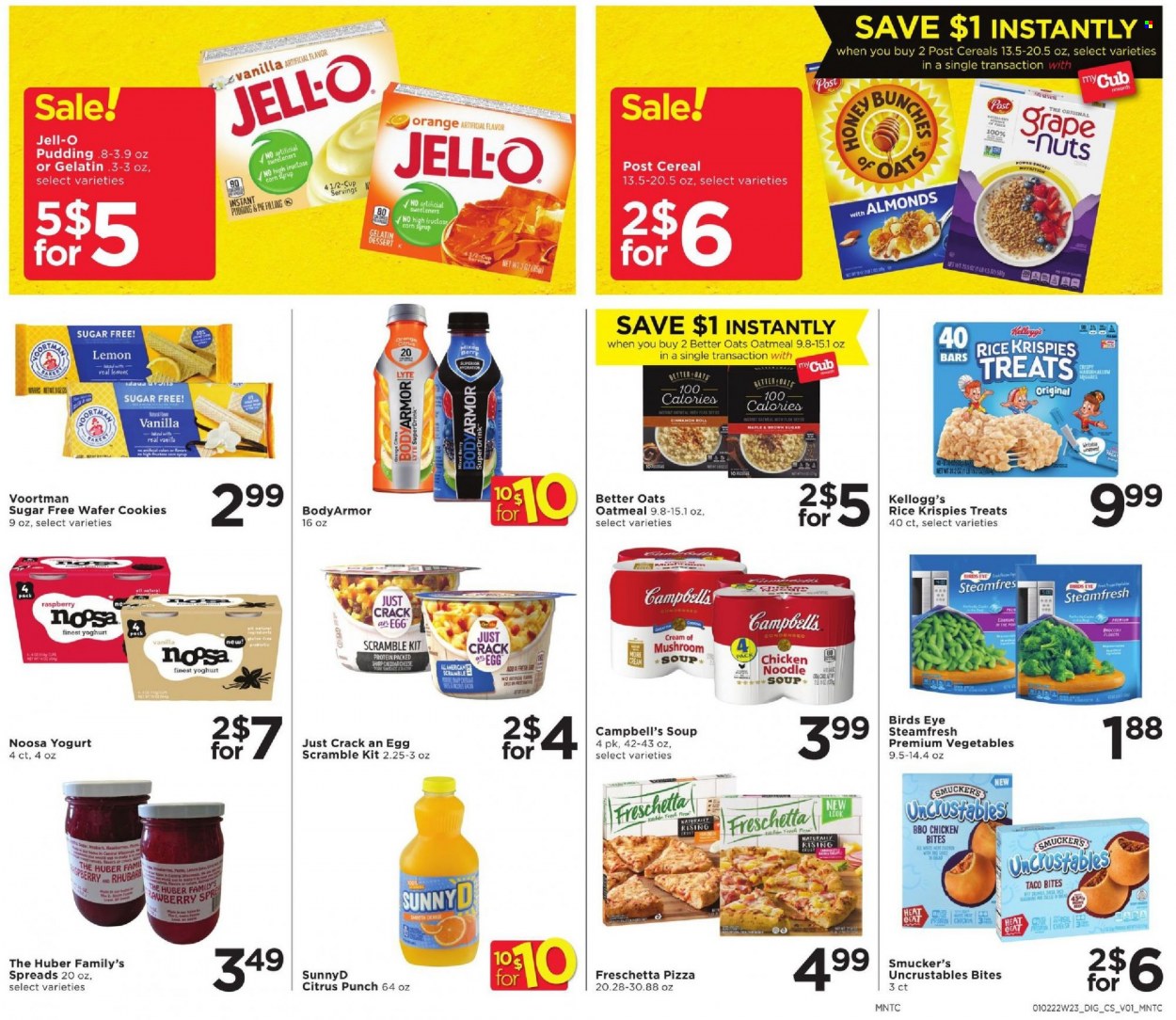 thumbnail - Cub Foods Flyer - 01/02/2022 - 01/08/2022 - Sales products - cinnamon roll, corn, oranges, Campbell's, pizza, soup, Bird's Eye, noodles, pudding, yoghurt, chicken bites, cookies, wafers, Kellogg's, oatmeal, oats, Jell-O, cereals, Rice Krispies, corn syrup, syrup, fruit punch, lemons. Page 4.