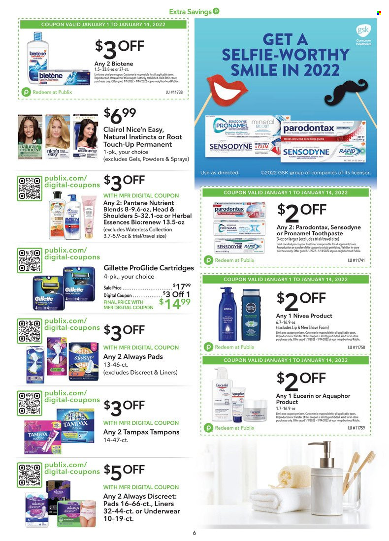 thumbnail - Publix Flyer - 01/01/2022 - 01/14/2022 - Sales products - Aquaphor, Nivea, Biotene, toothpaste, Sensodyne, Tampax, Always pads, Always Discreet, tampons, Root Touch-Up, Clairol, Head & Shoulders, Pantene, Herbal Essences, Eucerin, Gillette. Page 6.