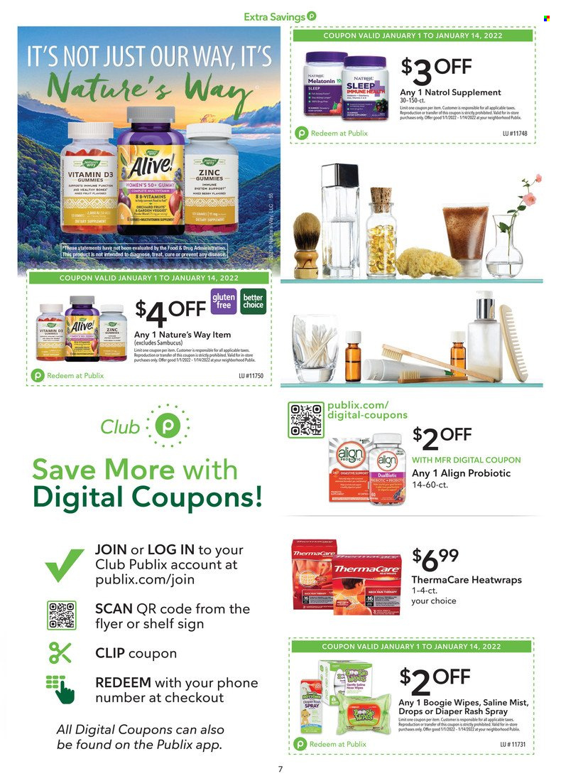 thumbnail - Publix Flyer - 01/01/2022 - 01/14/2022 - Sales products - wipes, Natrol, Thermacare, zinc, vitamin D3, Alive!. Page 7.