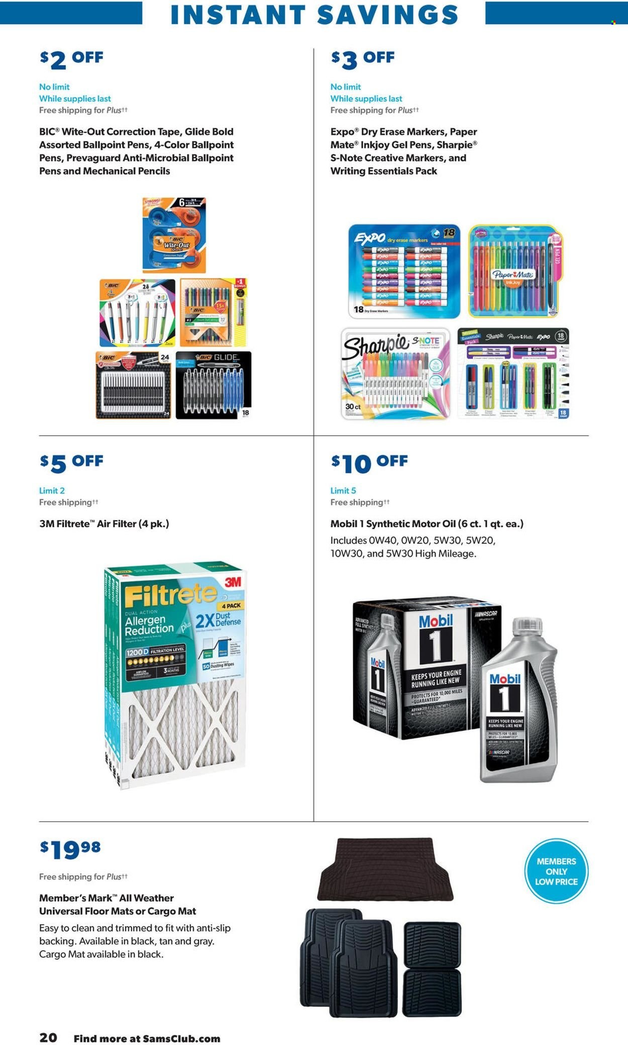 thumbnail - Sam's Club Flyer - 01/05/2022 - 01/31/2022 - Sales products - oil, BIC, paper, pencil, Paper Mate, Sharpie, Filtrete, floor mat, air filter, Mobil, motor oil. Page 20.