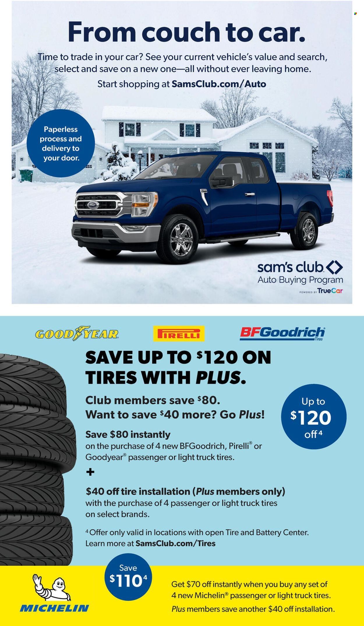 thumbnail - Sam's Club Flyer - 01/05/2022 - 01/31/2022 - Sales products - couch, vehicle, BF Goodrich, Michelin, Goodyear, tires. Page 21.