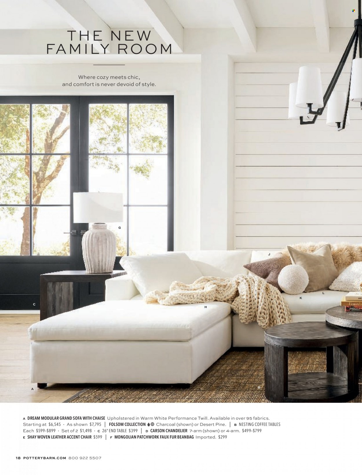 thumbnail - Pottery Barn Flyer - Sales products - chair, accent chair, sofa, coffee table, end table, chandelier. Page 18.