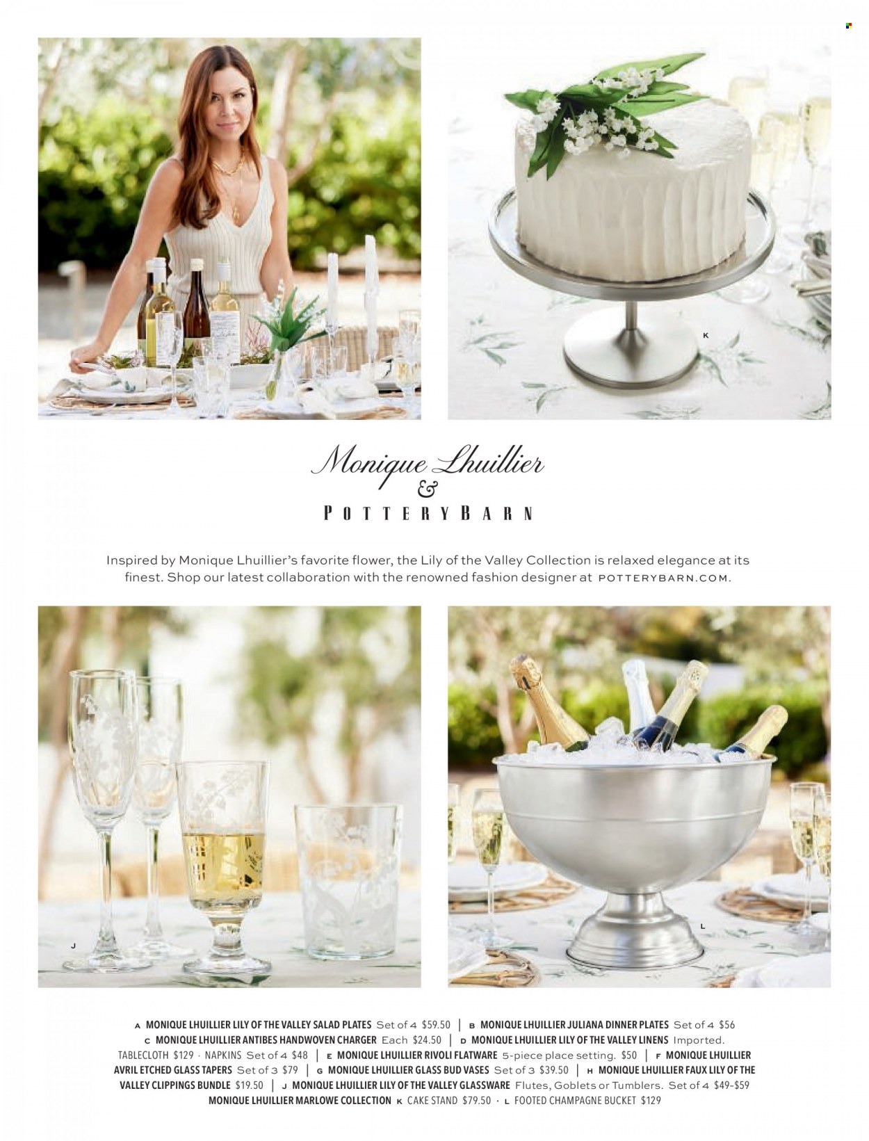 thumbnail - Pottery Barn Flyer - Sales products - vase, cake stand, flatware, glassware set, tumbler, plate, dinner plate, tablecloth, napkins, linens. Page 49.