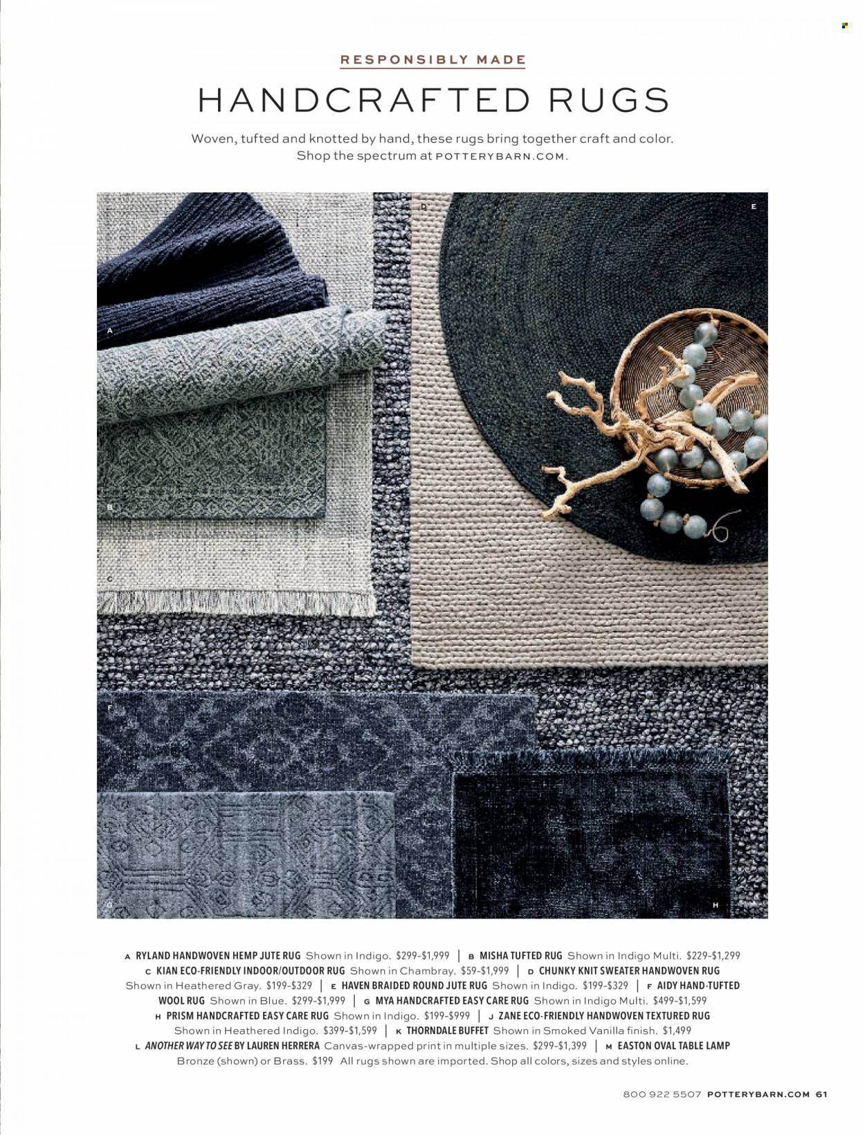 thumbnail - Pottery Barn Flyer - Sales products - lamp, table lamp, rug, wool rug. Page 61.