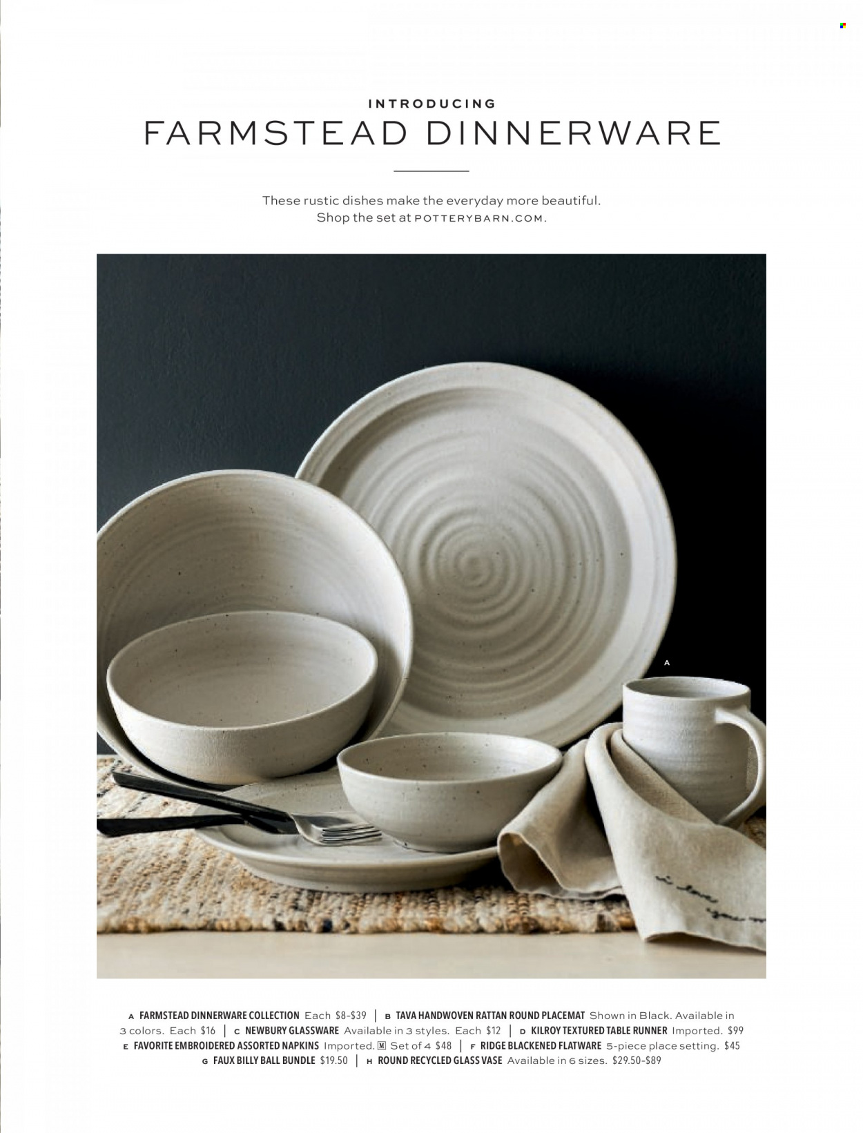 thumbnail - Pottery Barn Flyer - Sales products - Billy, placemat, vase, dinnerware set, flatware, glassware set, table runner, napkins. Page 73.