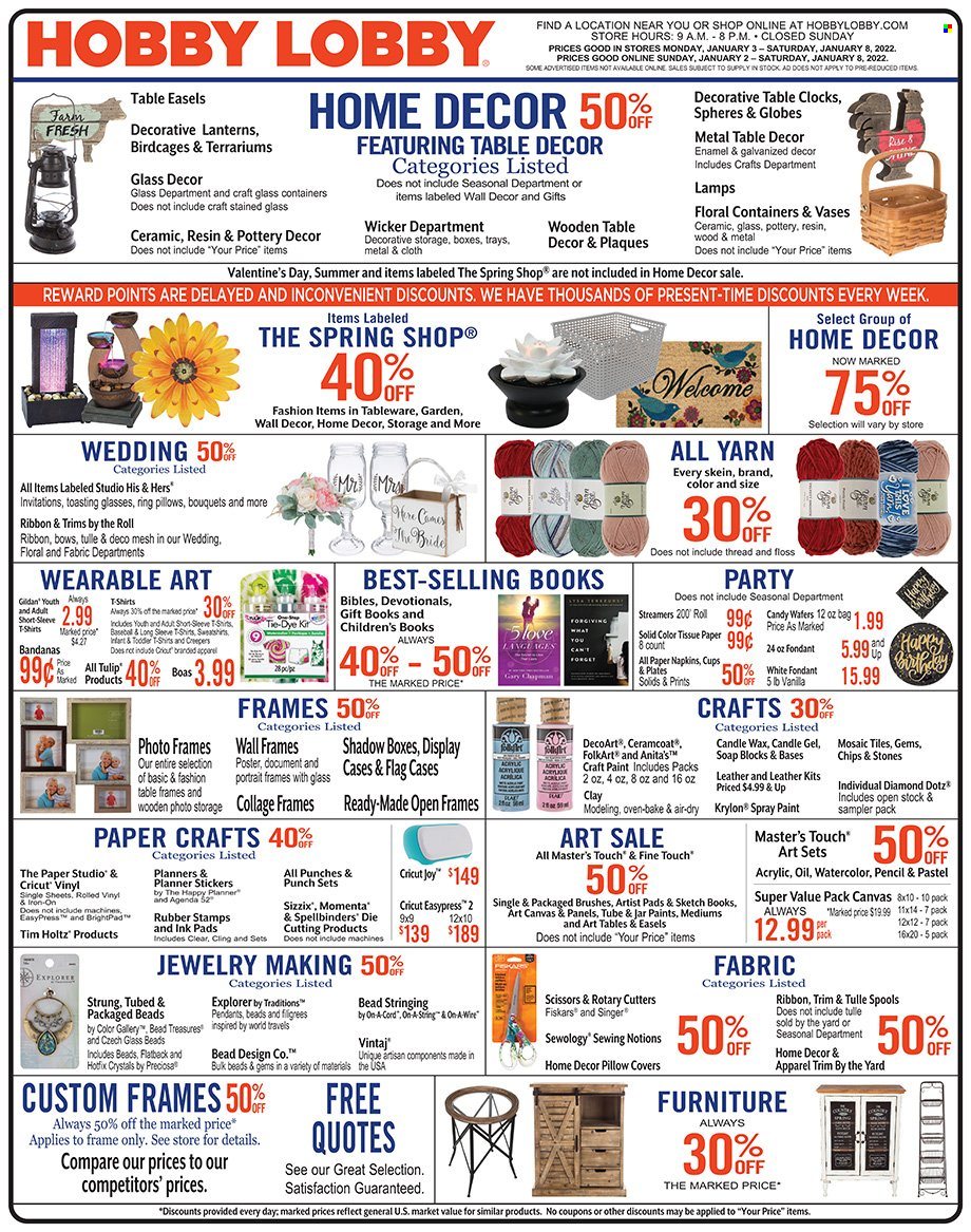 thumbnail - Hobby Lobby Flyer - 01/02/2022 - 01/08/2022 - Sales products - sticker, scissors, eraser, photo frame, paper, pencil, canvas, ribbon, knitting wool, napkins, pillow cover, wall decor, vase. Page 1.