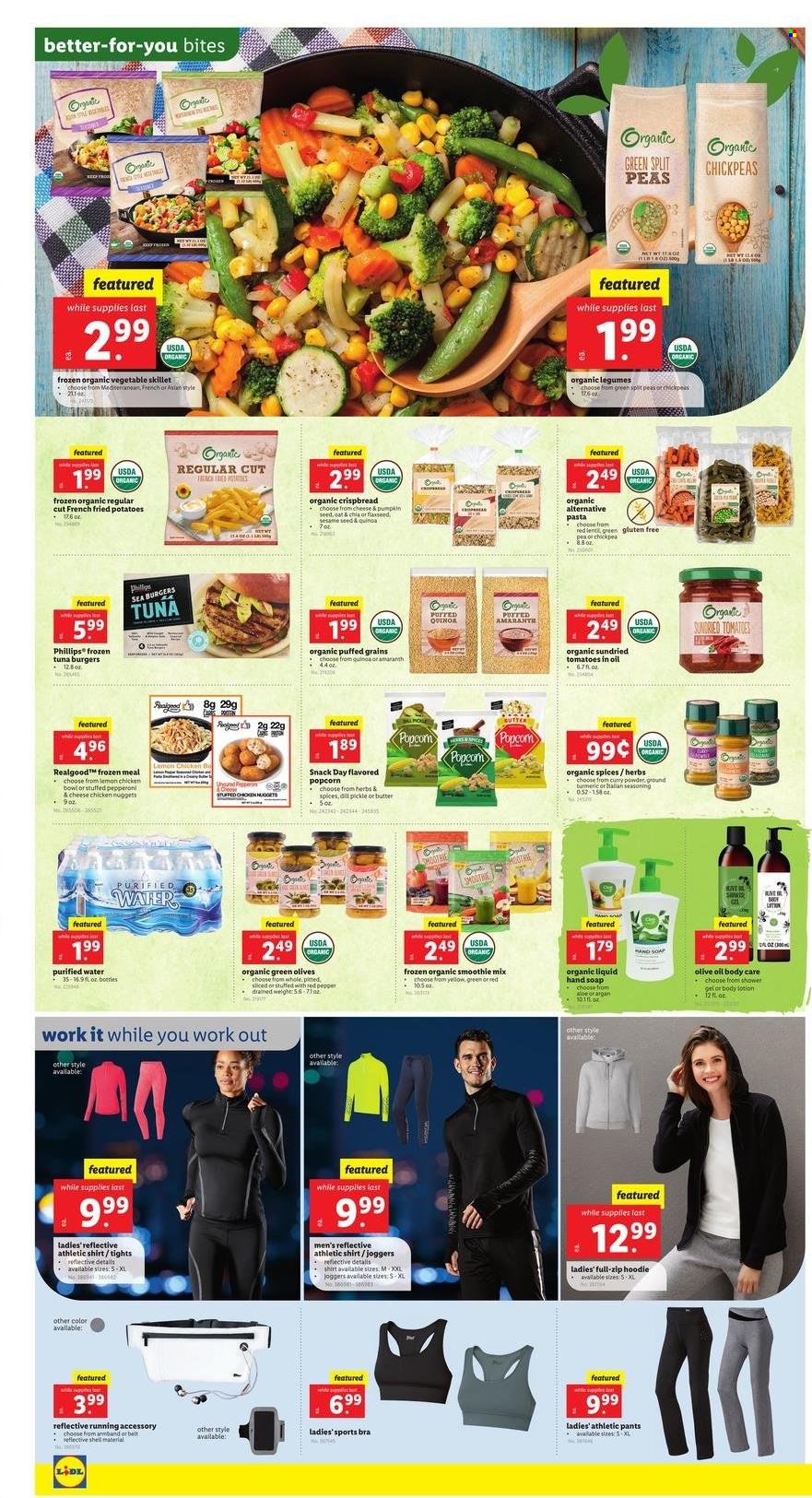thumbnail - Lidl Flyer - 01/05/2022 - 01/11/2022 - Sales products - crispbread, tomatoes, potatoes, peas, tuna, nuggets, hamburger, pasta, chicken nuggets, pepperoni, cheese, butter, split peas, snack, dill pickle, popcorn, oats, dried tomatoes, olives, quinoa, chickpeas, dill, turmeric, spice, curry powder, smoothie, purified water, pants, hand soap, soap, body lotion, hoodie, shirt, joggers, tights, bra, Shell. Page 2.