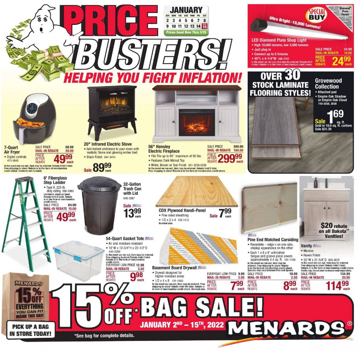 Menards Flyer - 01/02/2022 - 01/15/2022 - Sales products - faucet, bag, gallon, trash can, plate, shiplap, bed, vanity, tote, ladder, shop light, fireplace, electric fireplace, stove, flooring, plywood. Page 1.