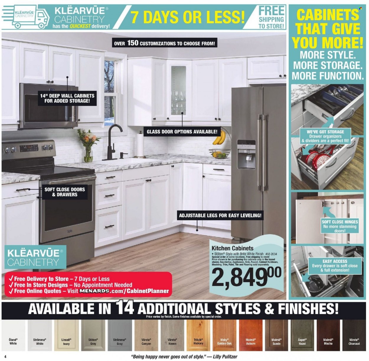 thumbnail - Menards Flyer - 01/02/2022 - 01/15/2022 - Sales products - faucet, kitchen cabinet, cabinet, flooring, moulding, glass door. Page 4.