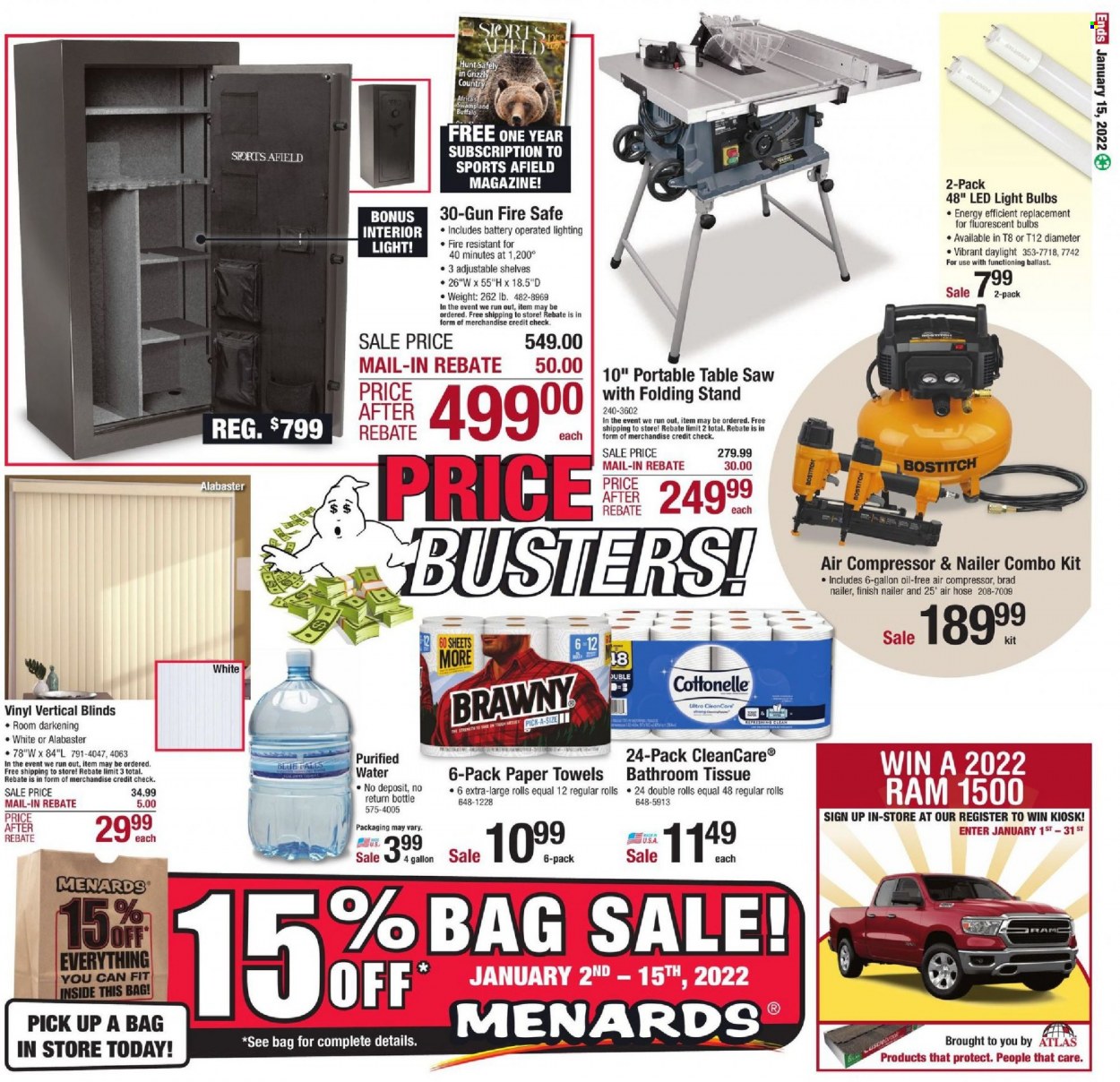 thumbnail - Menards Flyer - 01/02/2022 - 01/15/2022 - Sales products - purified water, bag, bulb, light bulb, kitchen towels, table, LED light, lighting, vinyl, blinds, saw, table saw, combo kit, air compressor, air hose. Page 28.
