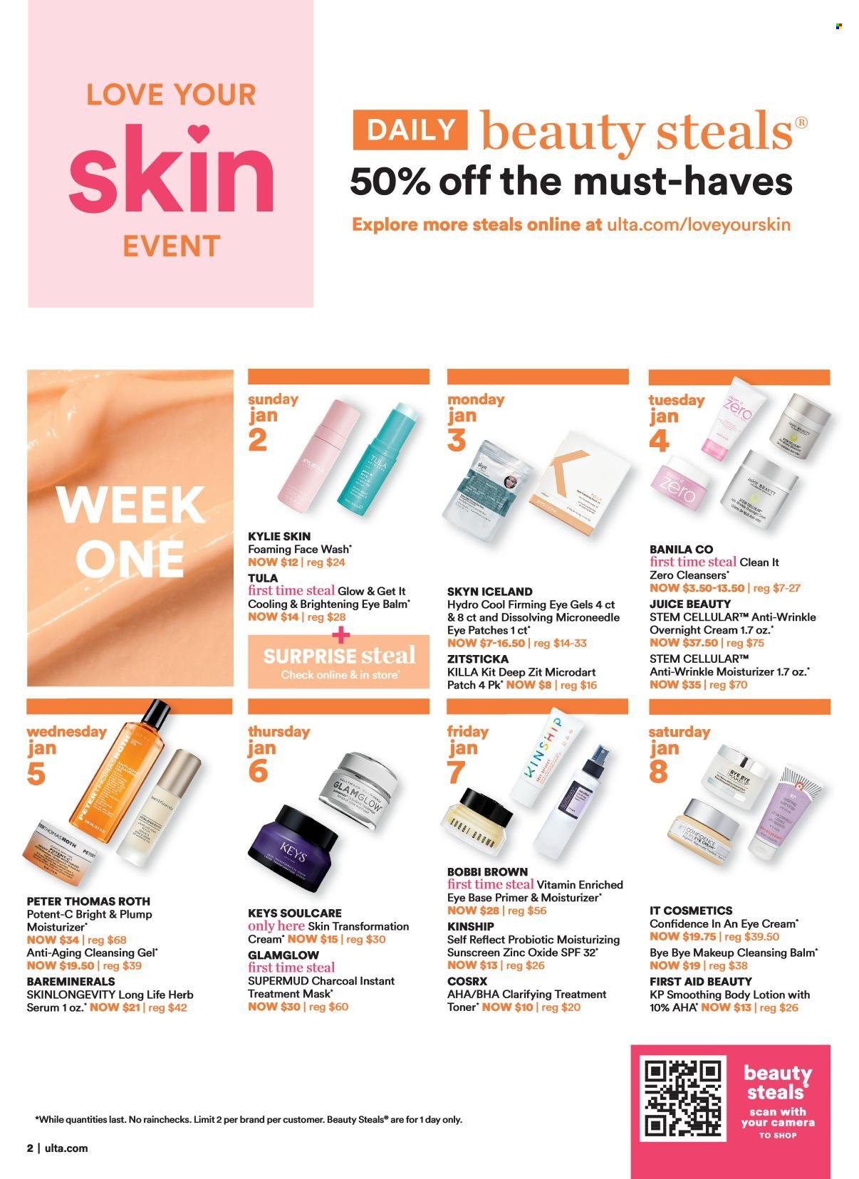 thumbnail - Ulta Beauty Flyer - 01/02/2022 - 01/22/2022 - Sales products - face gel, moisturizer, serum, toner, eye cream, face wash, body lotion, zinc. Page 2.