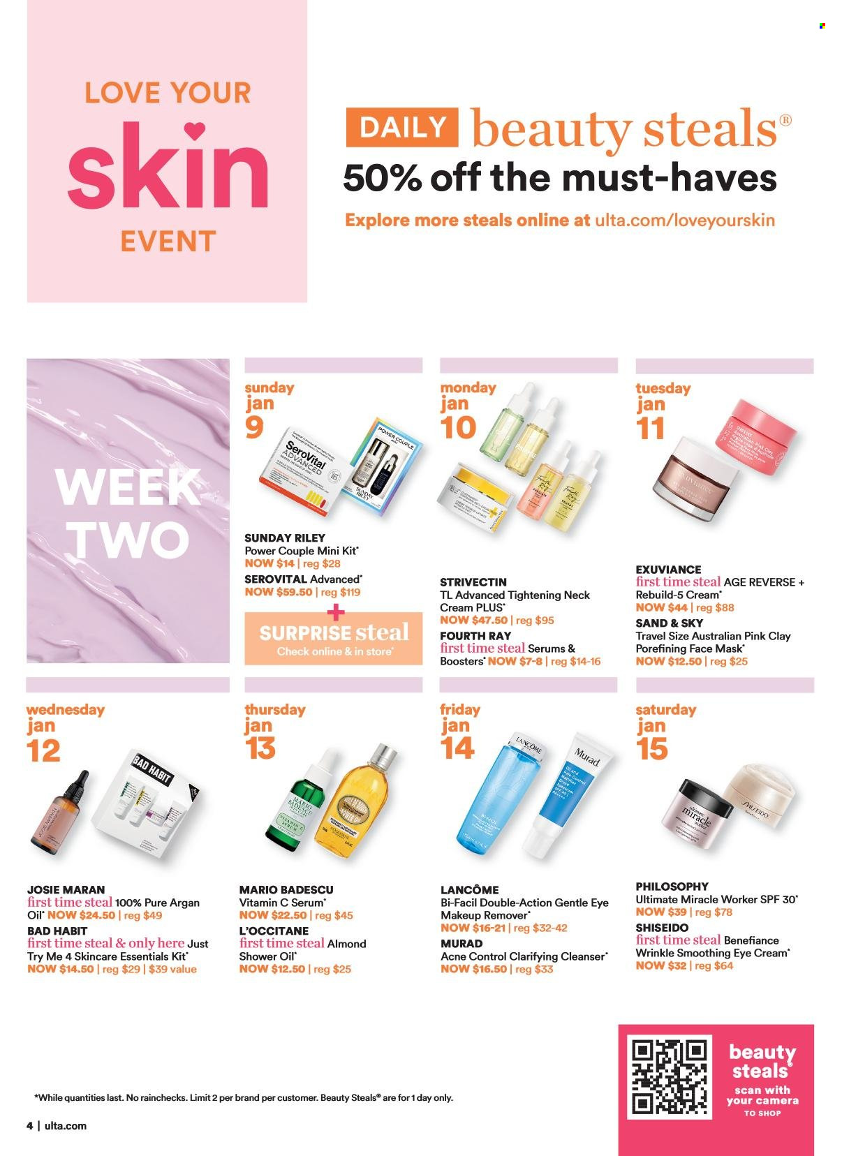 thumbnail - Ulta Beauty Flyer - 01/02/2022 - 01/22/2022 - Sales products - cleanser, Lancôme, serum, face mask, eye cream, Shiseido, argan oil. Page 4.