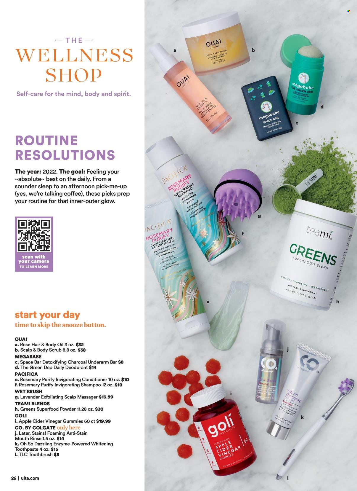 thumbnail - Ulta Beauty Flyer - 01/02/2022 - 01/22/2022 - Sales products - shampoo, conditioner, body oil, body scrub, Absolute, anti-perspirant, deodorant, apple cider vinegar, spirulina, dietary supplement. Page 26.